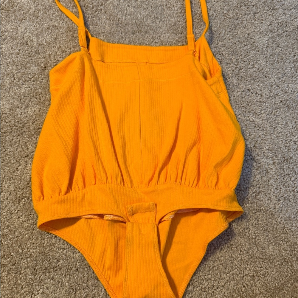 Free People Bright Orange Ribbed Square-Neck Bodysuit - Picture 3 of 11